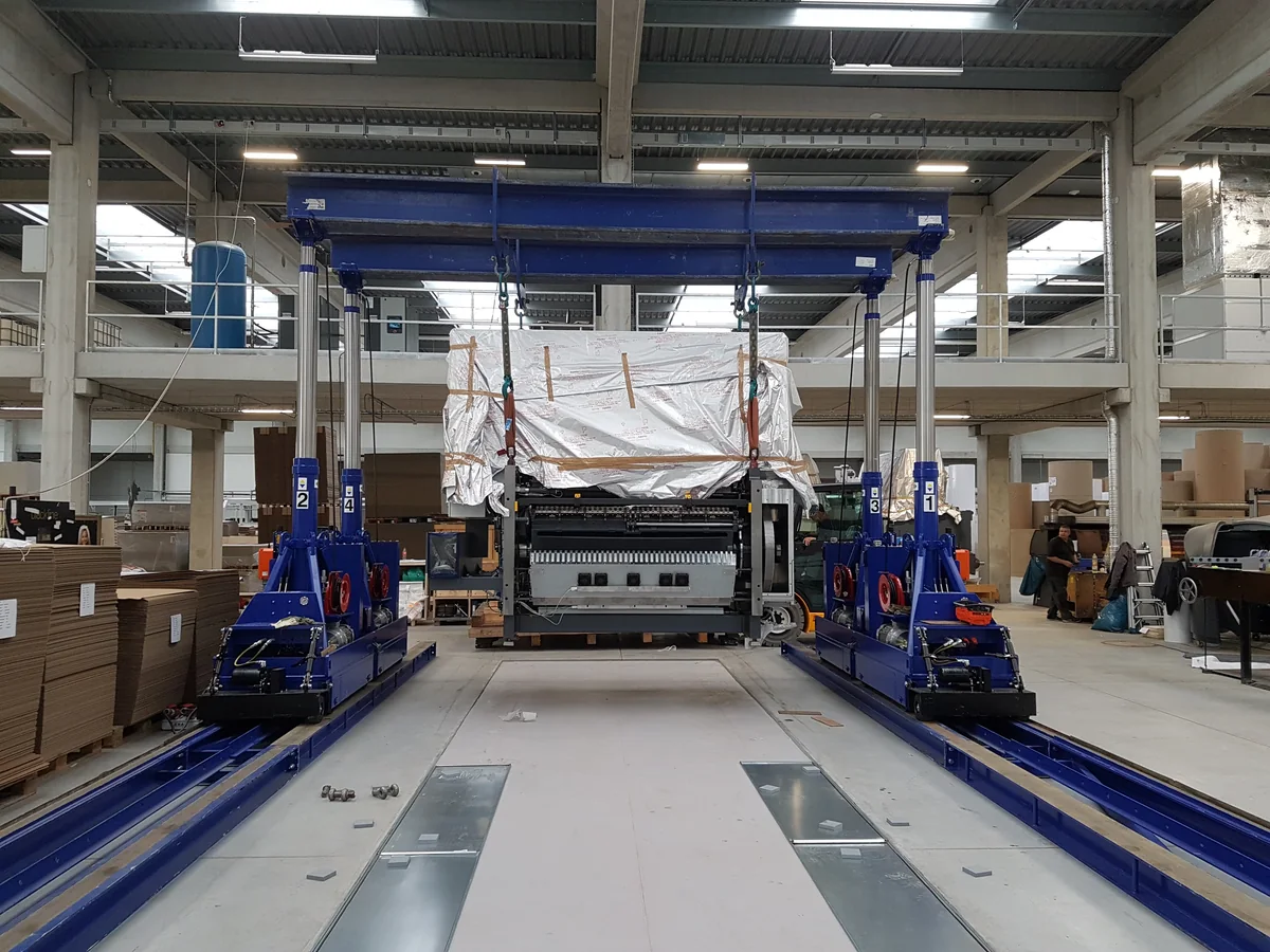 Positionierung eines Man-Roland-900-Druckwerks mit einem hydraulischen Hubportal.
